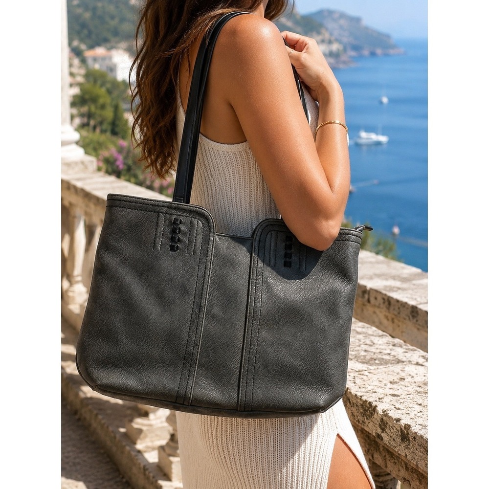Montana West Gray Distressed Vegan Leather Tote Bag Whipstitch Shoulder Bag